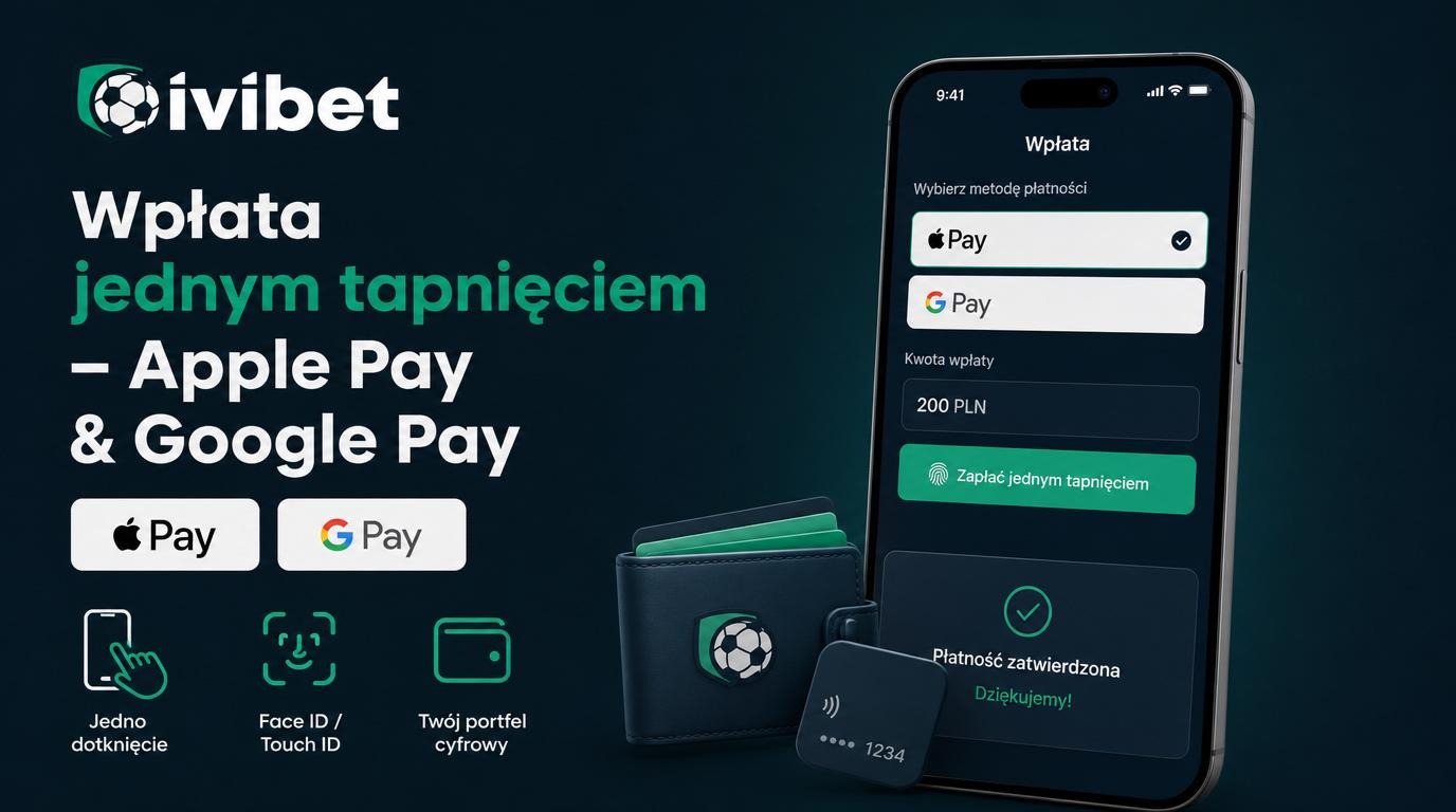 Alternatywnie obrazek przedstawiający ekran wpłaty w Ivibet Casino z opcjami Apple Pay i Google Pay, potwierdzenie biometrio.