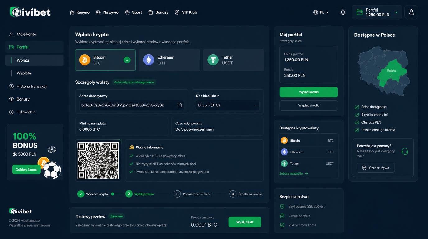 Alternatywnie ilustracja wpłaty kryptowalutami – widoczne ikony BTC, ETH, USDT, formularz adresu etc.