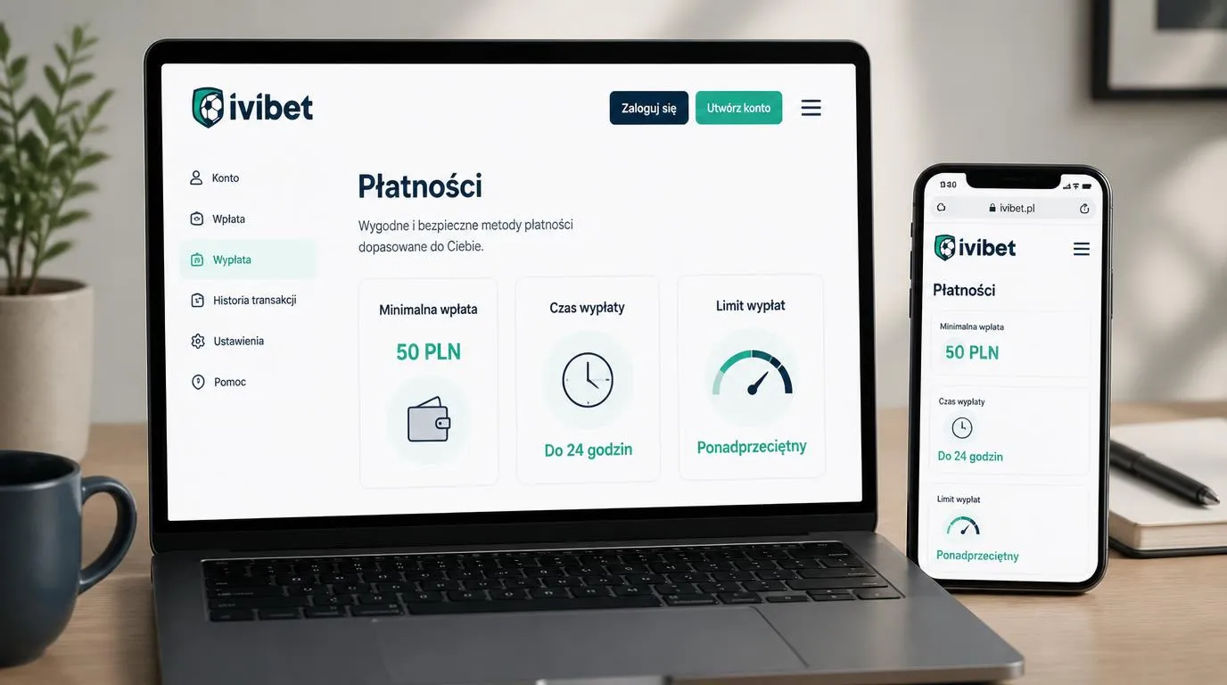 Panel płatności z minimalną wpłatą 50 PLN, czasem wypłaty do 24 godzin i wskaźnikiem wyższego limitu